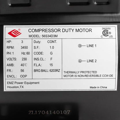  3 HP Single Phase Electric Motor 3450 RPM 56 Frame 230V ODP EMZ 56S34D3M(3 Hp 3450 Rpm Electric Motor Compressor Duty 56 Frame 1 Phase 5 8 Shaft 230 V)