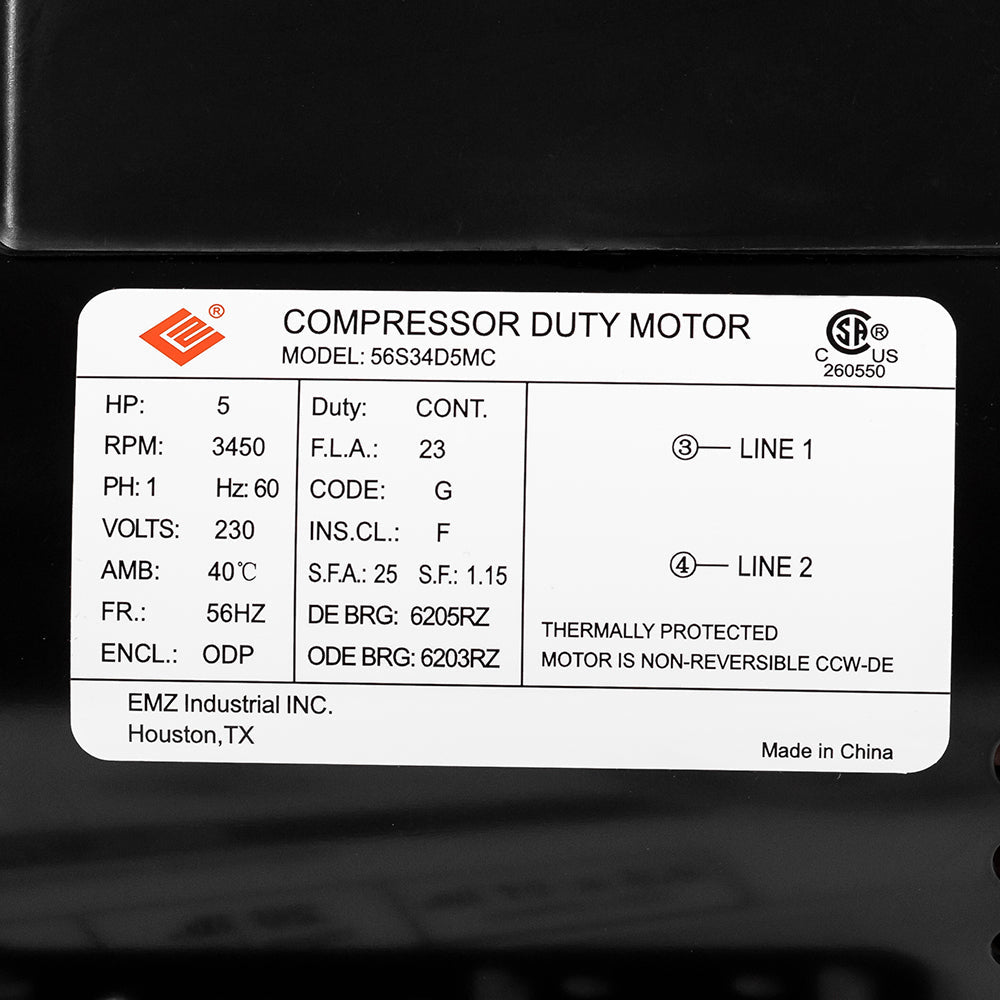  5 HP Single Phase Electric Motor 56HZ Frame 3450 RPM 230V ODP EMZ 56S34D5MC(5 Hp Compressor Duty Electric Motor 230v 1 Phase 56hz Frame 7 8 Shaft 3450 Rpm)