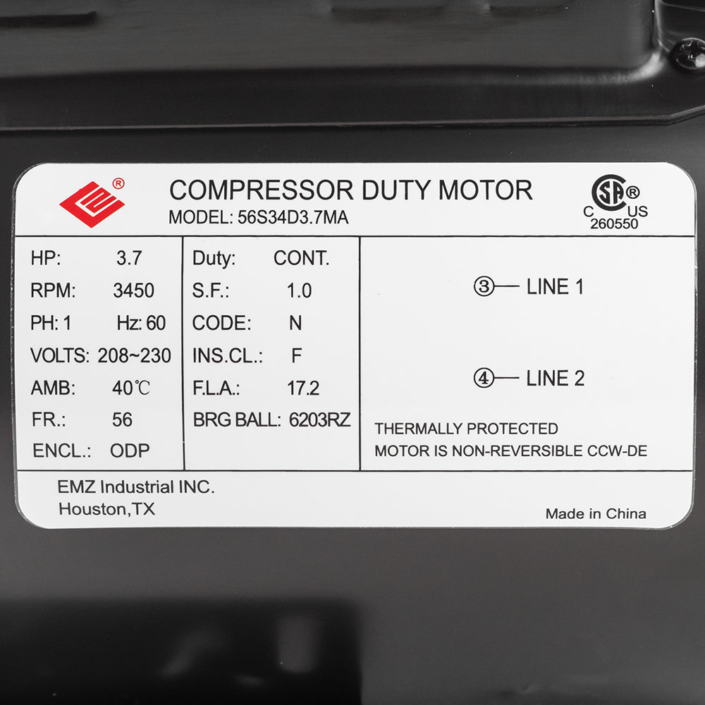  3.7 HP Single Phase Electric Motor 56 Frame 3450 RPM 230V ODP EMZ 56S34D3.7MA(3 7 Hp 3450 Rpm Electric Motor Compressor Duty 56 Frame 1 Phase 5 8 Shaft 230 V)