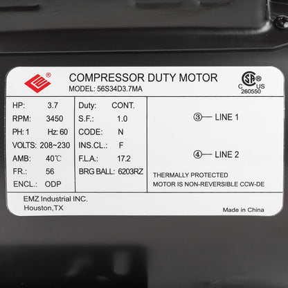  3.7 HP Single Phase Electric Motor 56 Frame 3450 RPM 230V ODP EMZ 56S34D3.7MA(3 7 Hp 3450 Rpm Electric Motor Compressor Duty 56 Frame 1 Phase 5 8 Shaft 230 V)