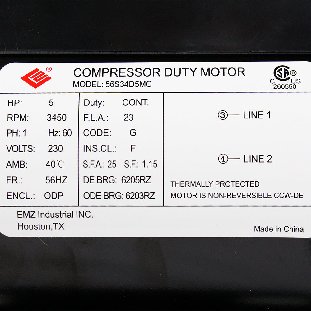  5 HP Single Phase Electric Motor 3450 RPM 56HZ Frame 230V ODP EMZ 56S34D5MC(56s34d5mc 5 Hp Single Phase Electric Air Compressor Motor 23 Amp 7 8 Shaft 3450 Rpm 56hz Frame)