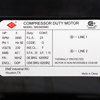  5 HP Single Phase Electric Motor 3450 RPM 56HZ Frame 230V ODP EMZ 56S34D5MC(56s34d5mc 5 Hp Single Phase Electric Air Compressor Motor 23 Amp 7 8 Shaft 3450 Rpm 56hz Frame)