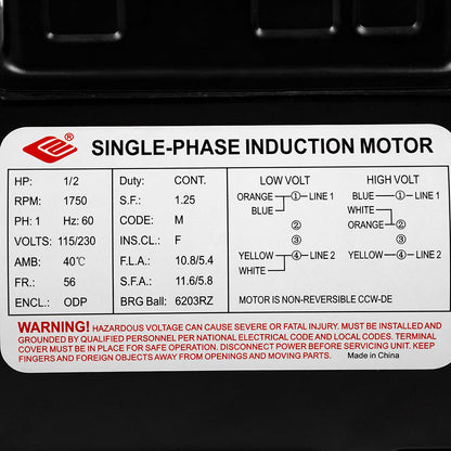  1/2 HP Single Phase Electric Motor 1750 RPM 56 Frame 115/230V ODP EMZ(1 2 Hp Electric Motor 56 Frame 1750 Rpm Single Phase 115 230v 5 8 Shaft)
