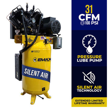  EMAX Silent Air 7.5HP 31CFM 3 Phase 2-Stage 80 Gal. Vertical Air Compressor(Emax Silent Air 7 5hp 31cfm 3 Phase 2 Stage 80 Gal Vertical Air Compressor)