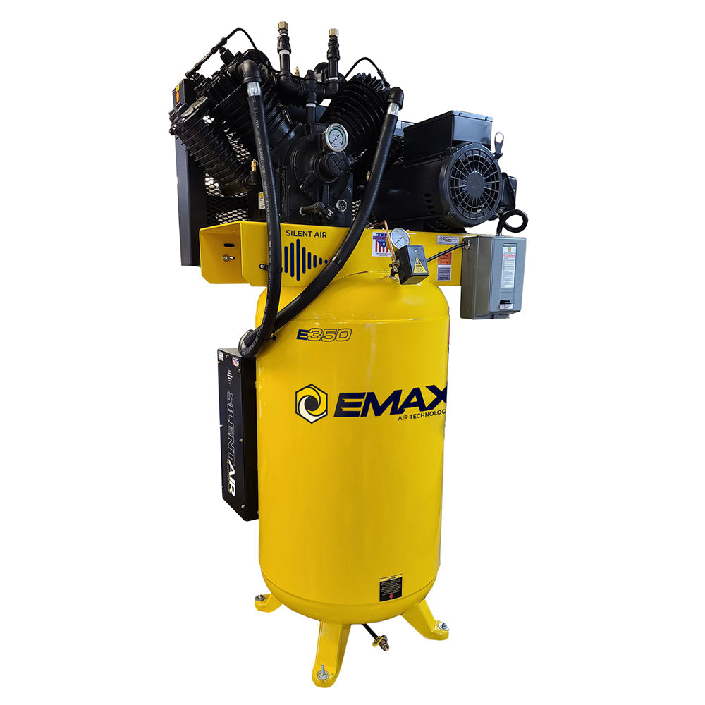 Emax 7.5 HP Air Compressor 1 Phase 80 Gallon Vertical Tank Silent Air Technology(7 5 Hp 1 Ph 80 Gallon Vertical With Air Silencer With Pressure Lube Pump)