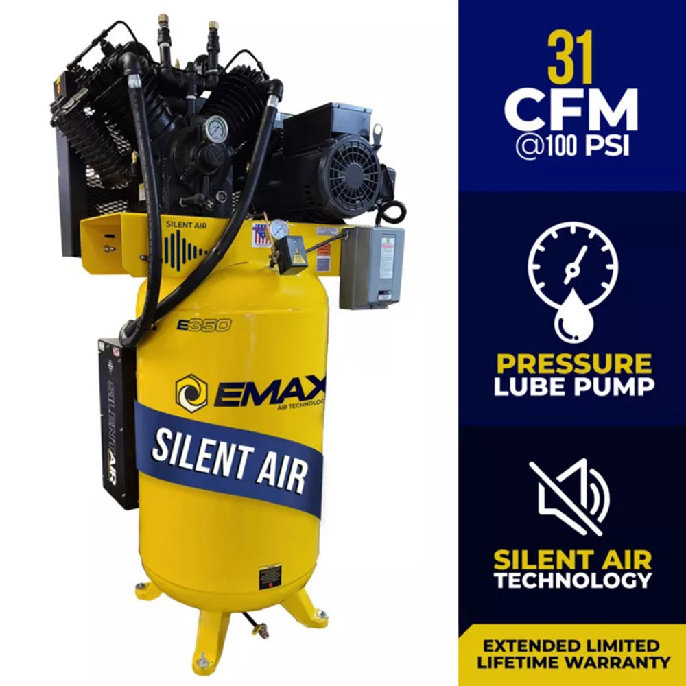Emax 7.5 HP Air Compressor 1 Phase 80 Gallon Vertical Tank Silent Air Technology(7 5 Hp 1 Ph 80 Gallon Vertical With Air Silencer With Pressure Lube Pump)