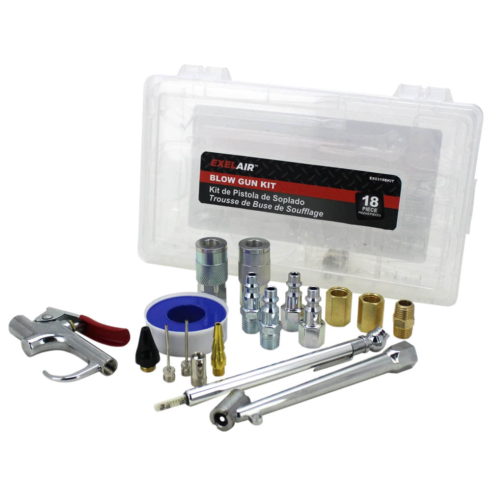  Air Compressor Accessories(18 Piece Blow Gun Accessory Kit Safety Adapter Inflator Neeldes Dual Head Chuck Pencil Gauge M Style Couplers Exelair Milton Ex0318bkit)