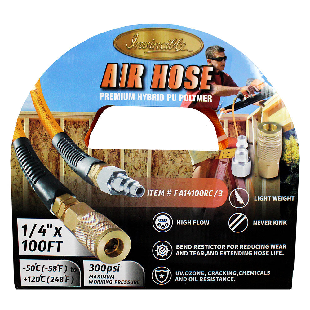  Invincible 1/4" X 100 Ft Air Hose With Bend Restrictors Never Kink High Flow Hybrid Polymer UV, Ozone, Cracking, Chemical, And Oil Resistant FA14100RC/3(1 4 X 100 Foot Orange Hose With Reusable Fittings Air Quick Couplers)