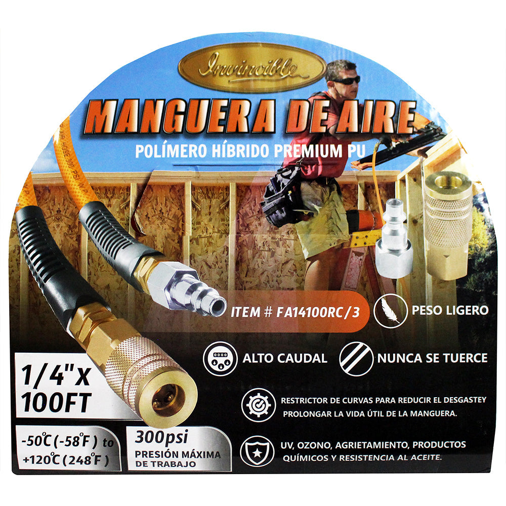  Invincible 1/4" X 100 Ft Air Hose With Bend Restrictors Never Kink High Flow Hybrid Polymer UV, Ozone, Cracking, Chemical, And Oil Resistant FA14100RC/3(1 4 X 100 Foot Orange Hose With Reusable Fittings Air Quick Couplers)