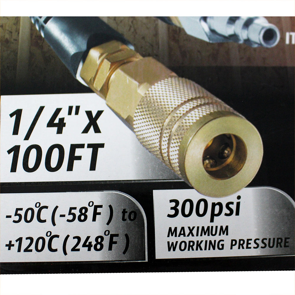  Invincible 1/4" X 100 Ft Air Hose With Bend Restrictors Never Kink High Flow Hybrid Polymer UV, Ozone, Cracking, Chemical, And Oil Resistant FA14100RC/3(1 4 X 100 Foot Orange Hose With Reusable Fittings Air Quick Couplers)