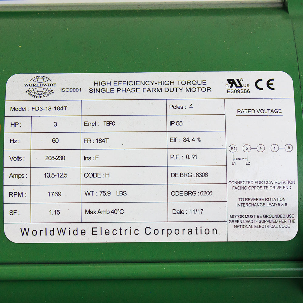  3 HP Single Phase Farm Duty Electric Motor 1769 RPM 184T Frame 208-230V TEFC(3 Hp Farm Duty Single Phase Electric Motor 1800 Rpm 184t Frame Tefc 208 230 Volt)