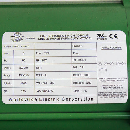 3 HP Single Phase Farm Duty Electric Motor 1769 RPM 184T Frame 208-230V TEFC(3 Hp Farm Duty Single Phase Electric Motor 1800 Rpm 184t Frame Tefc 208 230 Volt)