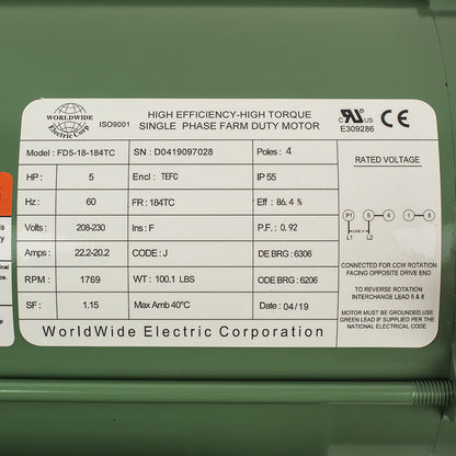  5 HP Single Phase Farm Duty Electric Motor 1769 RPM 184TC Frame 208-230V TEFC C-Face(5 Hp Farm Duty Single Phase Electric Motor C Face 1800 Rpm 184tc Tefc 208 230v)