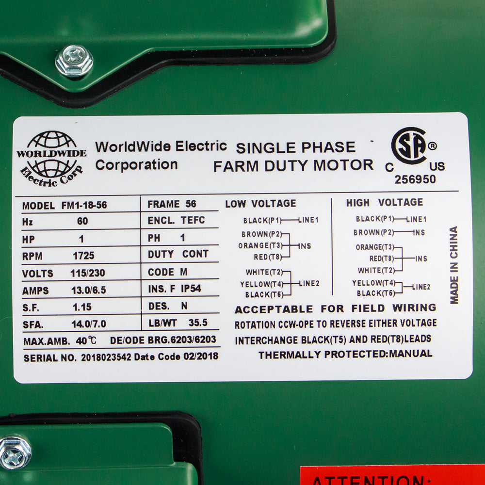  1 HP Single Phase Farm Duty Electric Motor 1725 RPM 56 Frame 115/230V TEFC(1 Hp Single Phase Farm Duty Electric Motor 56 Frame 1800 Rpm Tefc Enclosure)