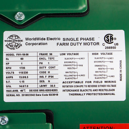  1 HP Single Phase Farm Duty Electric Motor 1725 RPM 56 Frame 115/230V TEFC(1 Hp Single Phase Farm Duty Electric Motor 56 Frame 1800 Rpm Tefc Enclosure)