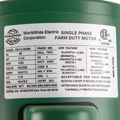  1.5 HP Single Phase Farm Duty Electric Motor 1725 RPM 56H Frame 115/230V TEFC(1 5 Hp Single Phase Farm Duty Electric Motor 56h Frame 1800 Rpm Tefc Enclosure)