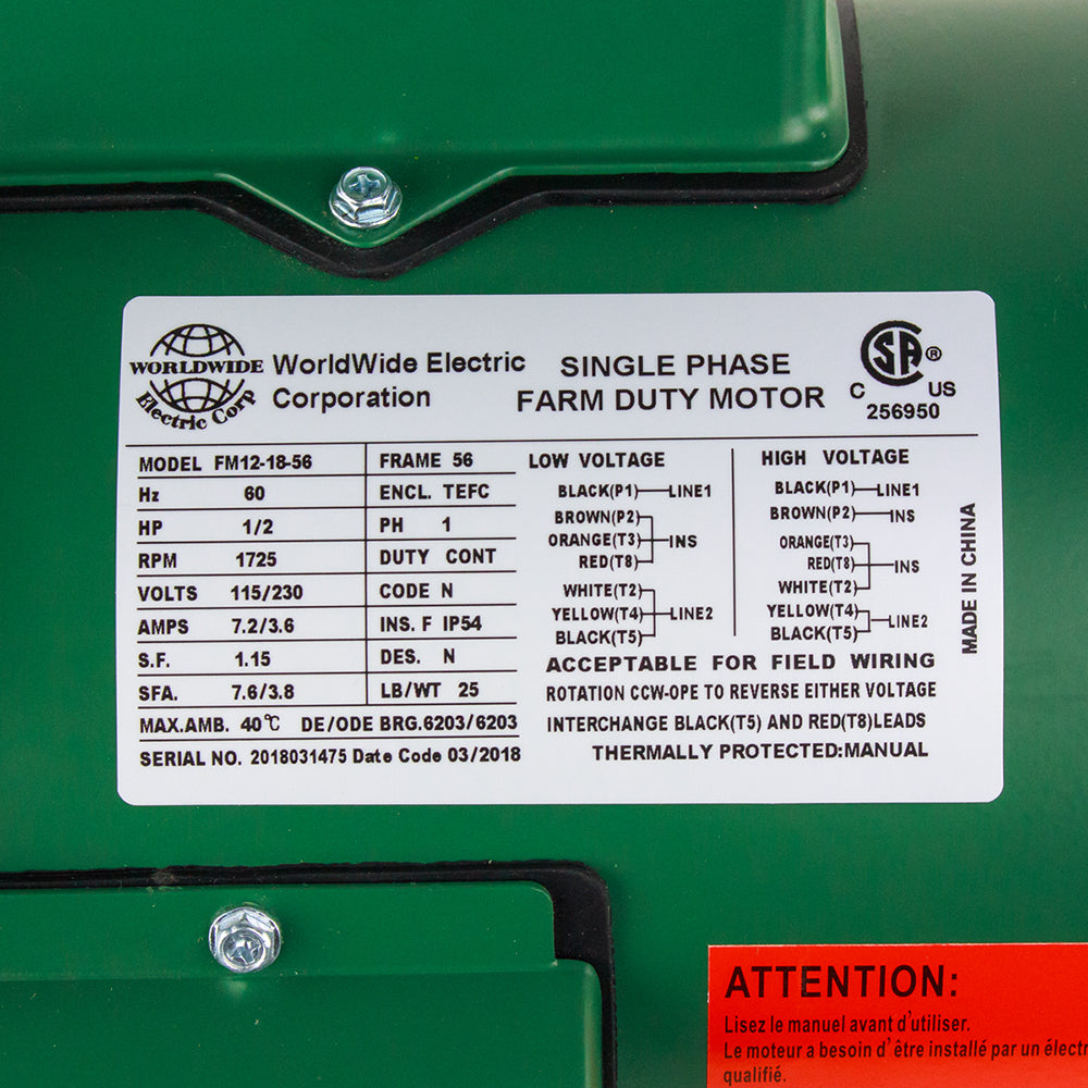  1/2 HP Single Phase Farm Duty Electric Motor 1725 RPM 56 Frame 115/230V TEFC(1 2 Hp Single Phase Farm Duty Electric Motor 56 Frame 1800 Rpm Tefc Enclosure)