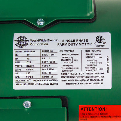  1/2 HP Single Phase Farm Duty Electric Motor 1725 RPM 56 Frame 115/230V TEFC(1 2 Hp Single Phase Farm Duty Electric Motor 56 Frame 1800 Rpm Tefc Enclosure)