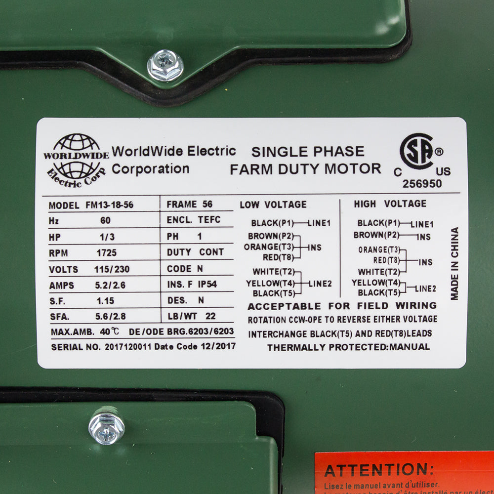  1/3 HP Single Phase Farm Duty Electric Motor 1725 RPM 56 Frame 115-230V TEFC(1 3 Hp Single Phase Farm Duty Electric Motor 56 Frame 1800 Rpm Tefc Enclosure)
