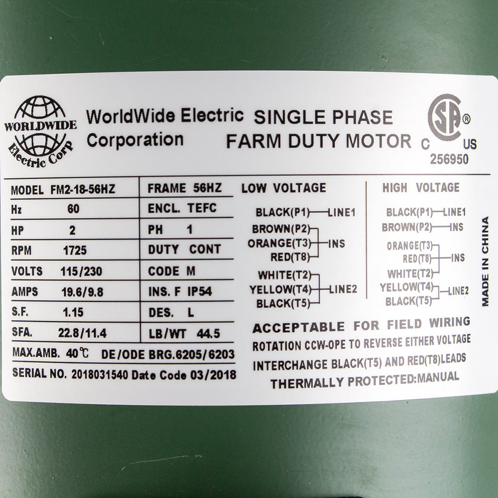  2 HP Single Phase Farm Duty Electric Motor 1725 RPM 56HZ Frame 115/230V TEFC(2 Hp Single Phase Farm Duty Electric Motor 56hz Frame 1800 Rpm Tefc Enclosure)