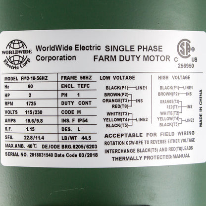  2 HP Single Phase Farm Duty Electric Motor 1725 RPM 56HZ Frame 115/230V TEFC(2 Hp Single Phase Farm Duty Electric Motor 56hz Frame 1800 Rpm Tefc Enclosure)