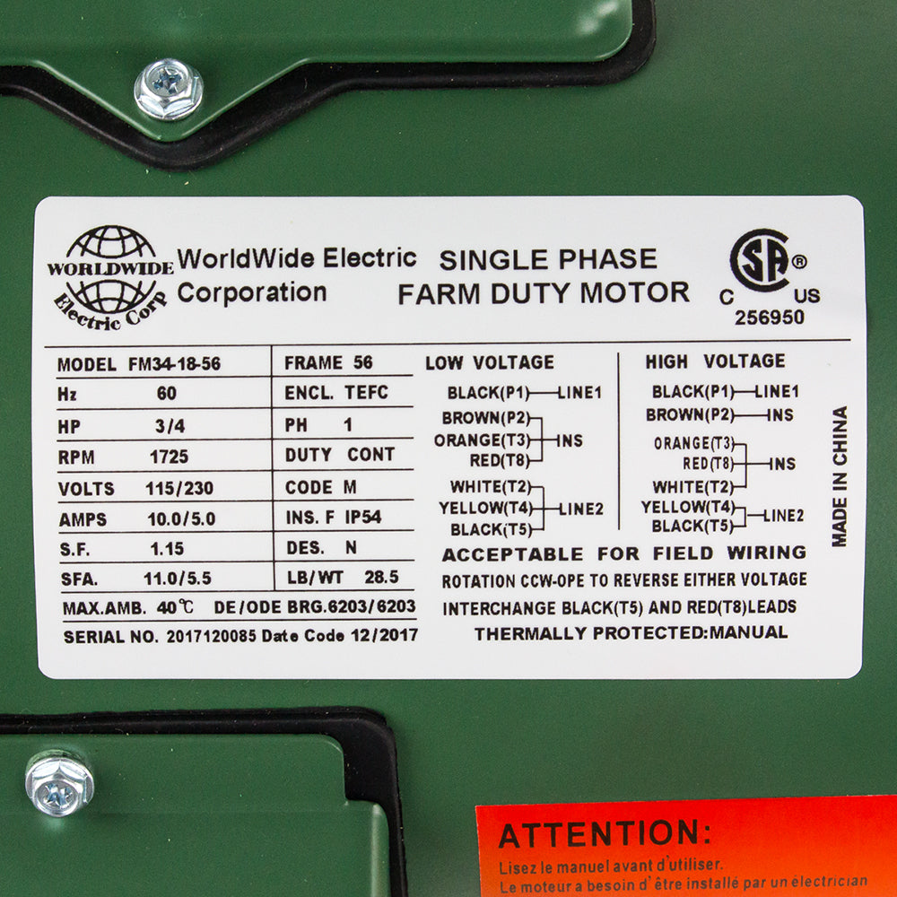  3/4 HP Single Phase Farm Duty Electric Motor 1725 RPM 56 Frame 115-230V TEFC(3 4 Hp Single Phase Farm Duty Electric Motor 56 Frame 1800 Rpm Tefc Enclosure)