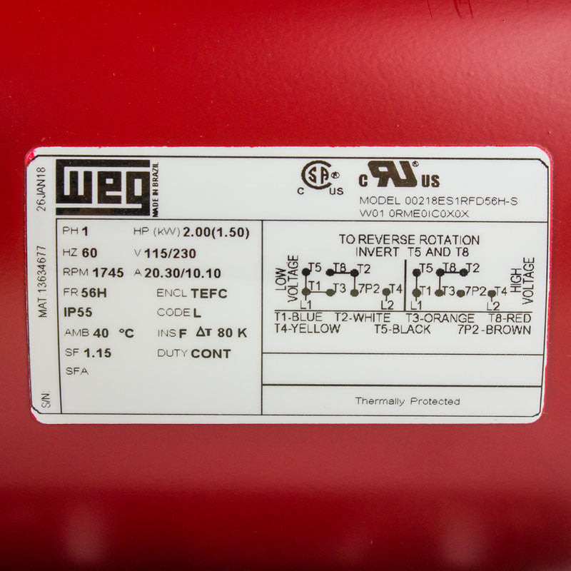  2 HP Single Phase Farm Duty Electric Motor 1745 RPM 56H Frame 115/230V TEFC WEG(2 Hp Electric Motor 56h Frame 1745 Rpm Single Phase Farm Duty Air Compressor Weg)