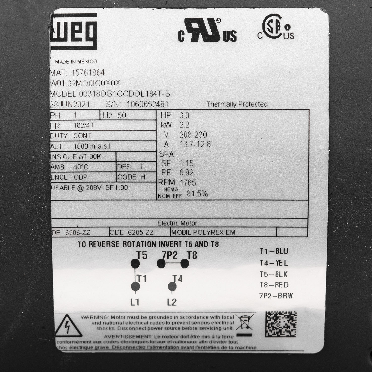  3 HP Single Phase Electric Motor 1765 RPM 182/4T Frame 208-230V ODP WEG(3 Hp Air Compressor Duty Electric Motor 184t Frame 1750 Rpm Single Phase Weg New)
