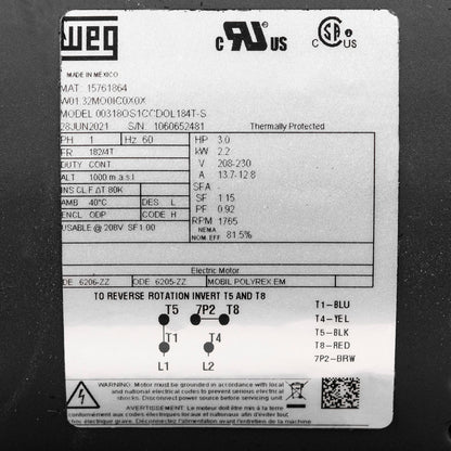  3 HP Single Phase Electric Motor 1765 RPM 182/4T Frame 208-230V ODP WEG(3 Hp Air Compressor Duty Electric Motor 184t Frame 1750 Rpm Single Phase Weg New)
