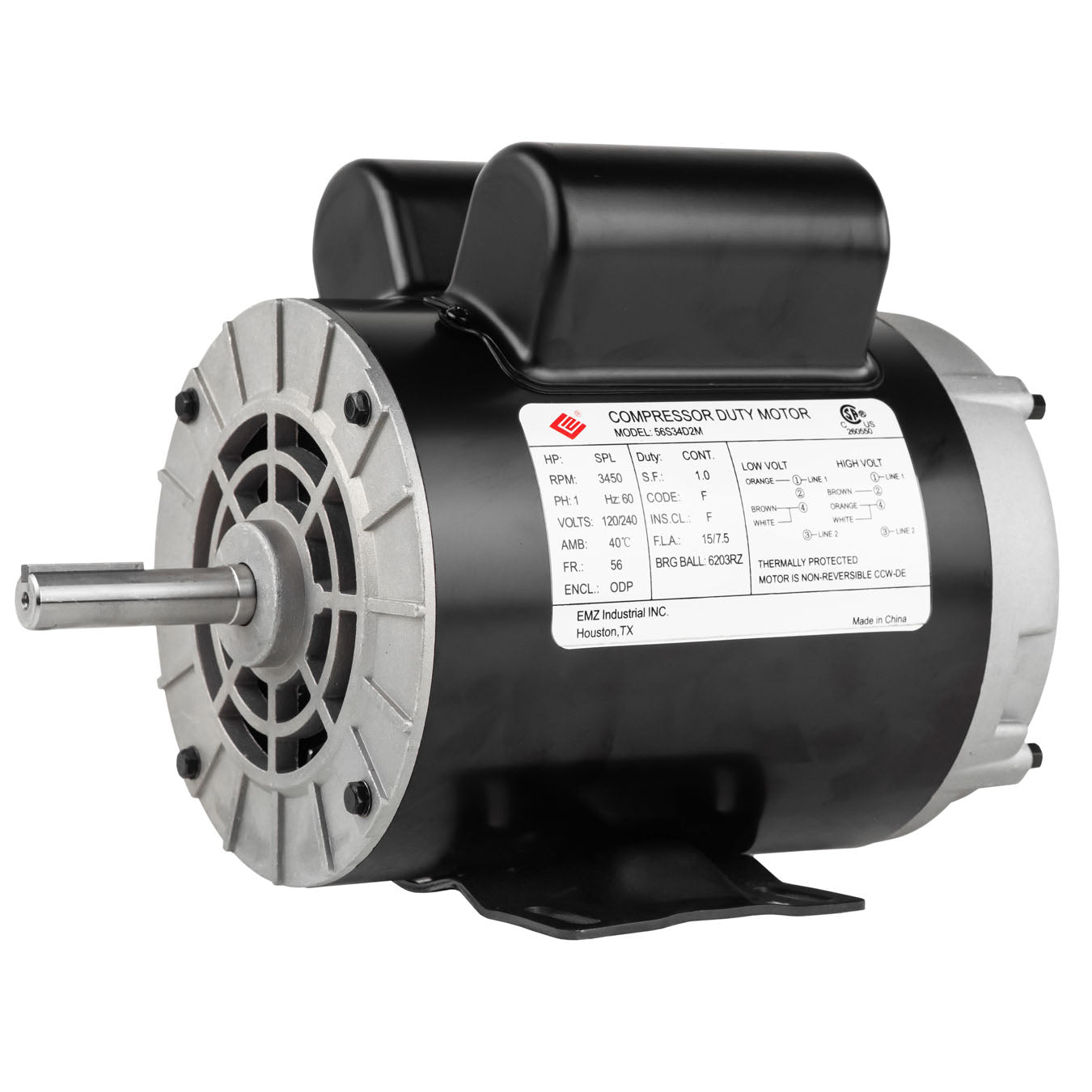  2 HP SPL Single Phase Electric Motor 3450 RPM 56 Frame 120/240V ODP EMZ 56S34D2M(2 Hp Spl Compressor Duty Electric Motor 3450 Rpm 56 Frame 5 8 Shaft 120 240 V)