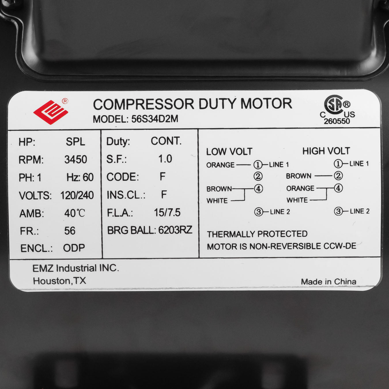  2 HP SPL Single Phase Electric Motor 3450 RPM 56 Frame 120/240V ODP EMZ 56S34D2M(2 Hp Spl Compressor Duty Electric Motor 3450 Rpm 56 Frame 5 8 Shaft 120 240 V)