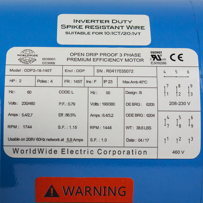  2 HP 3 Phase Electric Motor 1744 RPM 145T Frame 230/460V ODP(2 Hp 3 Phase Electric Motor 1800 Rpm 145t Frame Odp Enclosure 230 460v Open Drip)