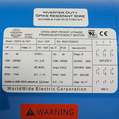  2 HP 3 Phase Electric Motor 1744 RPM 145T Frame 230/460V ODP(2 Hp 3 Phase Electric Motor 1800 Rpm 145t Frame Odp Enclosure 230 460v Open Drip)