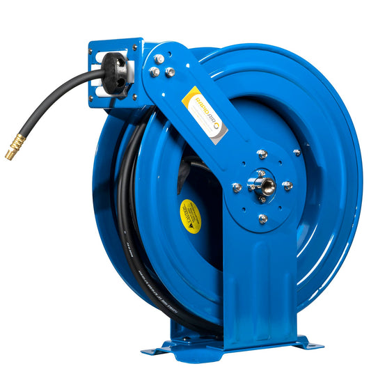  Rapidair 3/8" X 75' Dual Arm Steel Hose Reel 1/2" Inlet 1/4" Outlet R-03075(Rapidair 3 8 X 75 Hose Reel 1 2 Inlet 1 4 Npt Outlet Blue Dual Arm Metal R 03075)