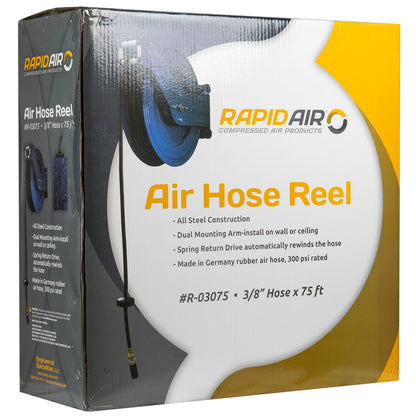  Rapidair 3/8" X 75' Dual Arm Steel Hose Reel 1/2" Inlet 1/4" Outlet R-03075(Rapidair 3 8 X 75 Hose Reel 1 2 Inlet 1 4 Npt Outlet Blue Dual Arm Metal R 03075)