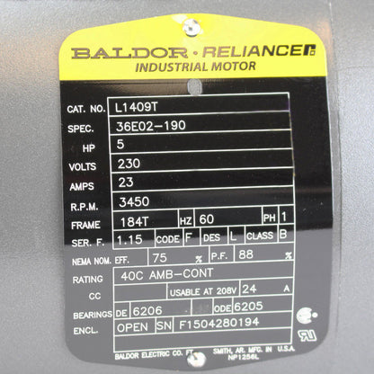  Baldor L1409T 5 HP Single Phase Electric Motor 3450 RPM 184T Frame 230V ODP(Baldor 5 Hp Single Phase Electric Compressor Motor 184t Frame 230v 3450 Rpm)