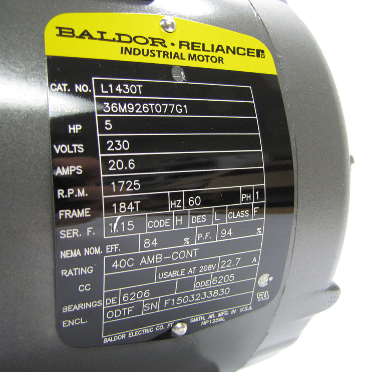  Baldor L1430T 5 HP Single Phase Electric Motor 1725 RPM 184T Frame 230V ODTF(Baldor 5 Hp Single Phase Electric Compressor Motor 184t Frame 230v 1725 Rpm)