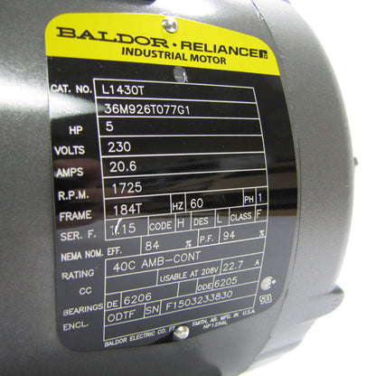  Baldor L1430T 5 HP Single Phase Electric Motor 1725 RPM 184T Frame 230V ODTF(Baldor 5 Hp Single Phase Electric Compressor Motor 184t Frame 230v 1725 Rpm)