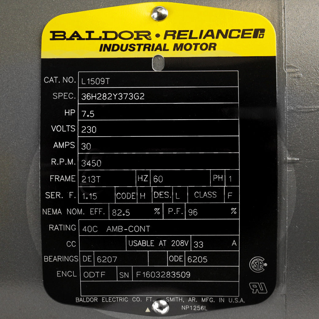  Baldor L1509T 7.5 HP Single Phase Electric Motor 3450 RPM 213T Frame 230V ODTF(Baldor 7 5 Hp Single Phase Electric Compressor Motor 213t Frame 230v 3450 Rpm)