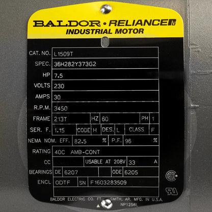  Baldor L1509T 7.5 HP Single Phase Electric Motor 3450 RPM 213T Frame 230V ODTF(Baldor 7 5 Hp Single Phase Electric Compressor Motor 213t Frame 230v 3450 Rpm)