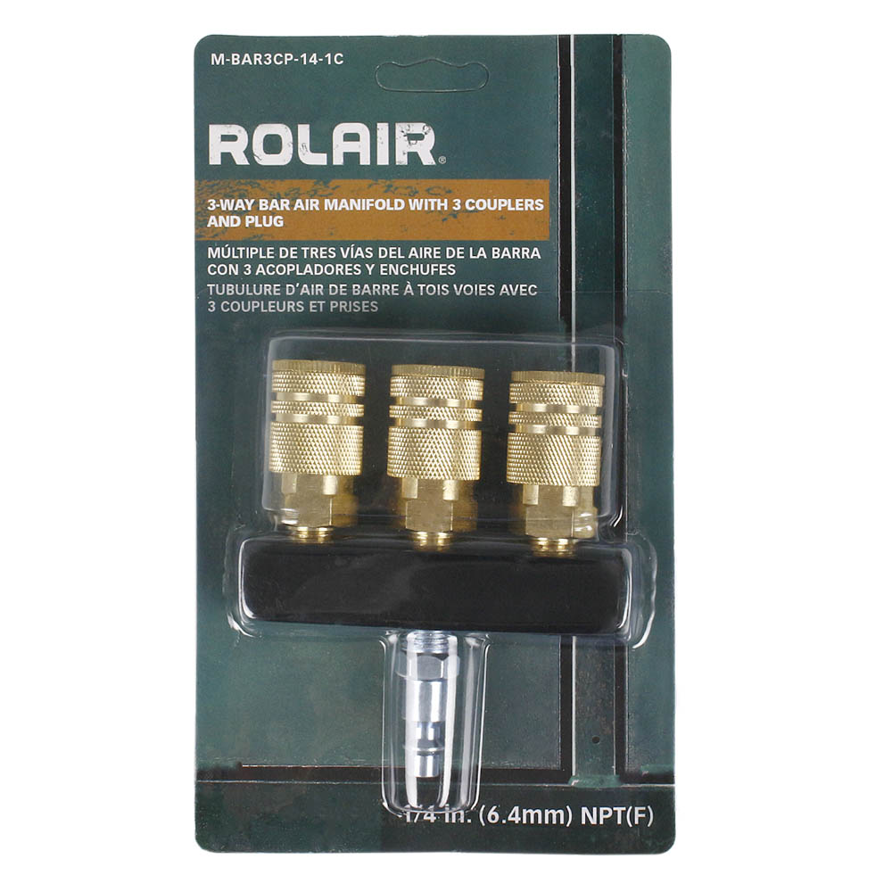  Rolair 1/4" NPT 3-Way Bar Air Manifold With 3 Couplers And Plug M-BAR3CP-14-1C(Rolair Bar Style Triple Outlet)