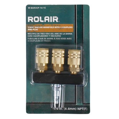  Rolair 1/4" NPT 3-Way Bar Air Manifold With 3 Couplers And Plug M-BAR3CP-14-1C(Rolair Bar Style Triple Outlet)