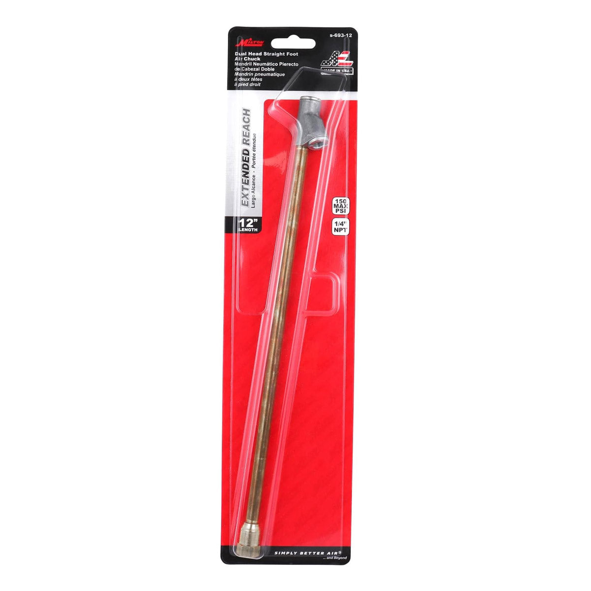  Milton S-693-12 Extended Reach Dual Head Air Chuck 1/4" FNPT 12" Long(Milton Dual Hd Str Ft Air Chuck 12 Overall Length)