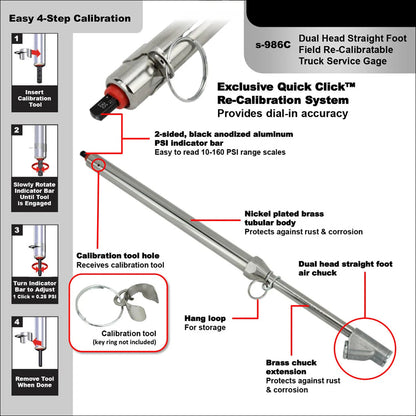  Milton S-986C Dual Head Straight Foot Field Re-Calibratable Tire Pressure Gauge(Milton Dual Head Straight Foot Field Re Calibratable Truck Service Gage)