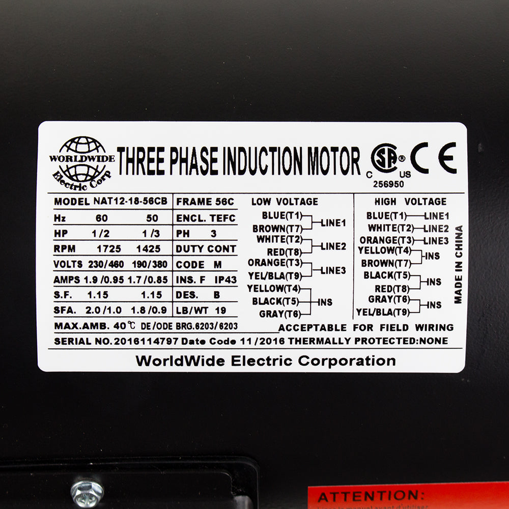  1/2 HP 3 Phase Electric Motor 1725 RPM 56C Frame 230/460V TEFC NAT12-18-56CB C-Face(1 2 Hp Electric Motor 3 Phase 56c Frame 1800 Rpm Tefc 208 230 460 Volt New)