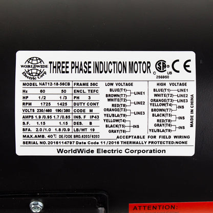  1/2 HP 3 Phase Electric Motor 1725 RPM 56C Frame 230/460V TEFC NAT12-18-56CB C-Face(1 2 Hp Electric Motor 3 Phase 56c Frame 1800 Rpm Tefc 208 230 460 Volt New)