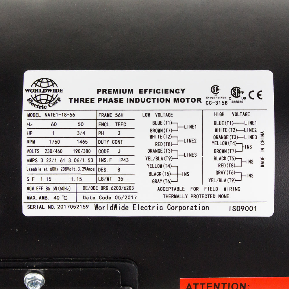  1 HP 3 Phase Electric Motor 1760 RPM 56H Frame 230/460V TEFC(1 Hp Electric Motor 3 Phase Premium Efficiency 56h Frame 1800 Rpm Tefc 230 460 V)