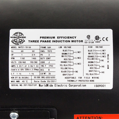  1 HP 3 Phase Electric Motor 1760 RPM 56H Frame 230/460V TEFC(1 Hp Electric Motor 3 Phase Premium Efficiency 56h Frame 1800 Rpm Tefc 230 460 V)