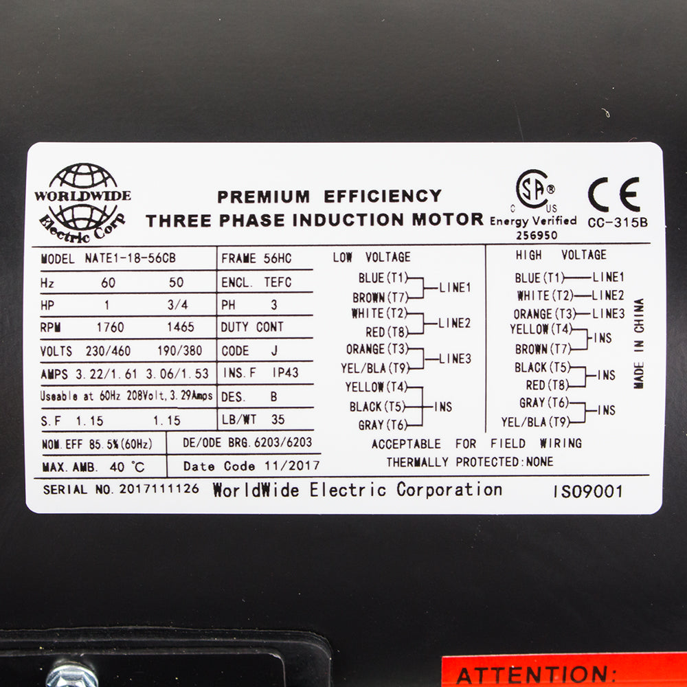  1 HP 3 Phase Electric Motor 1760 RPM 56HC Frame 230/460V TEFC C-Face(1 Hp Electric Motor 3 Phase 56c Frame 1800 Rpm Tefc 208 230 460 Volt New)