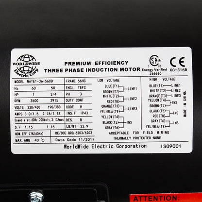  1 HP 3 Phase Electric Motor 3500 RPM 56HC Frame 230/460V TEFC C-Face(1 Hp Electric Motor 3 Phase 56c Frame 3600 Rpm Tefc 208 230 460 Volt New)